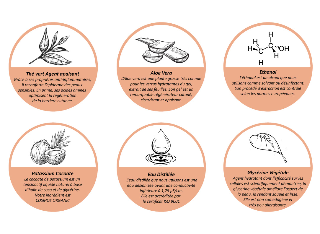 bulles avec le composition de la solution hydroalcoolique présente dans nos sprays : Thé vert, Aloé vera, glycérine végétale, Ethanol, potassium cocoate, Eau distillée