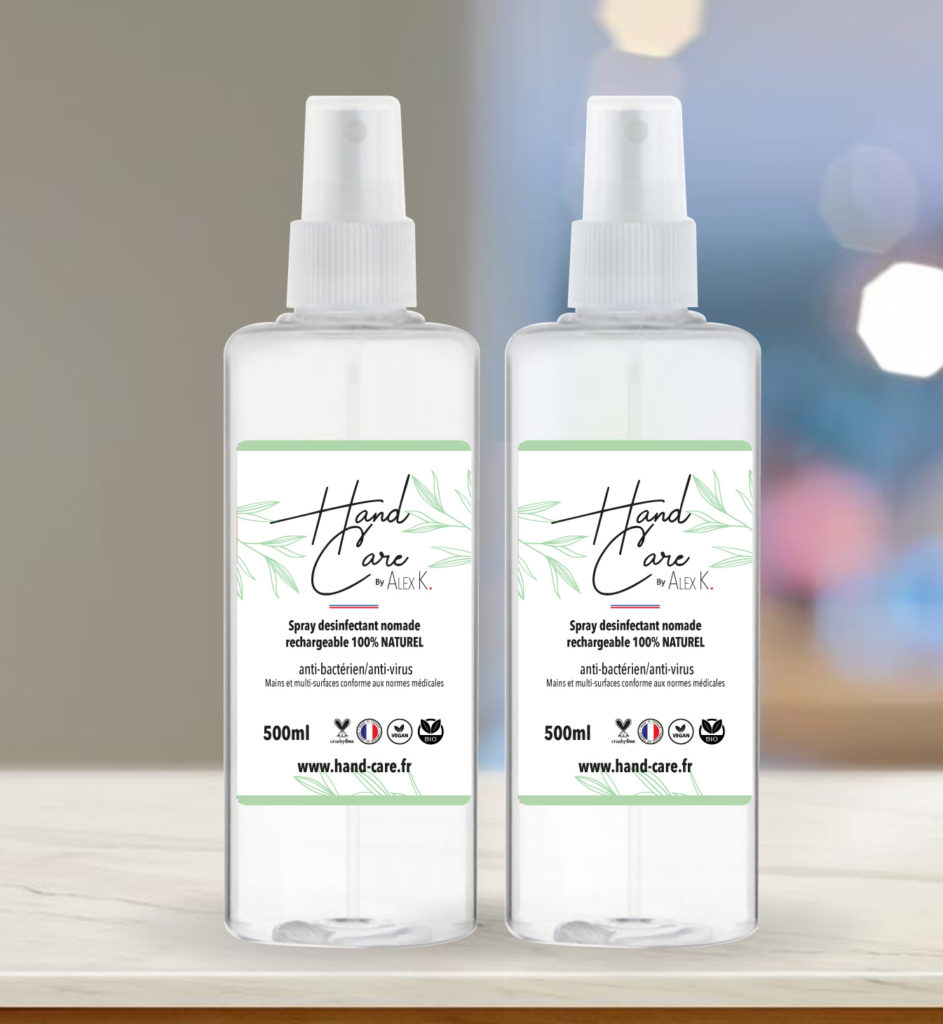 Spray bouteille de 500ml de solution hydroalcoolique ( peux aussi recharger les sprays associés aux PLV )